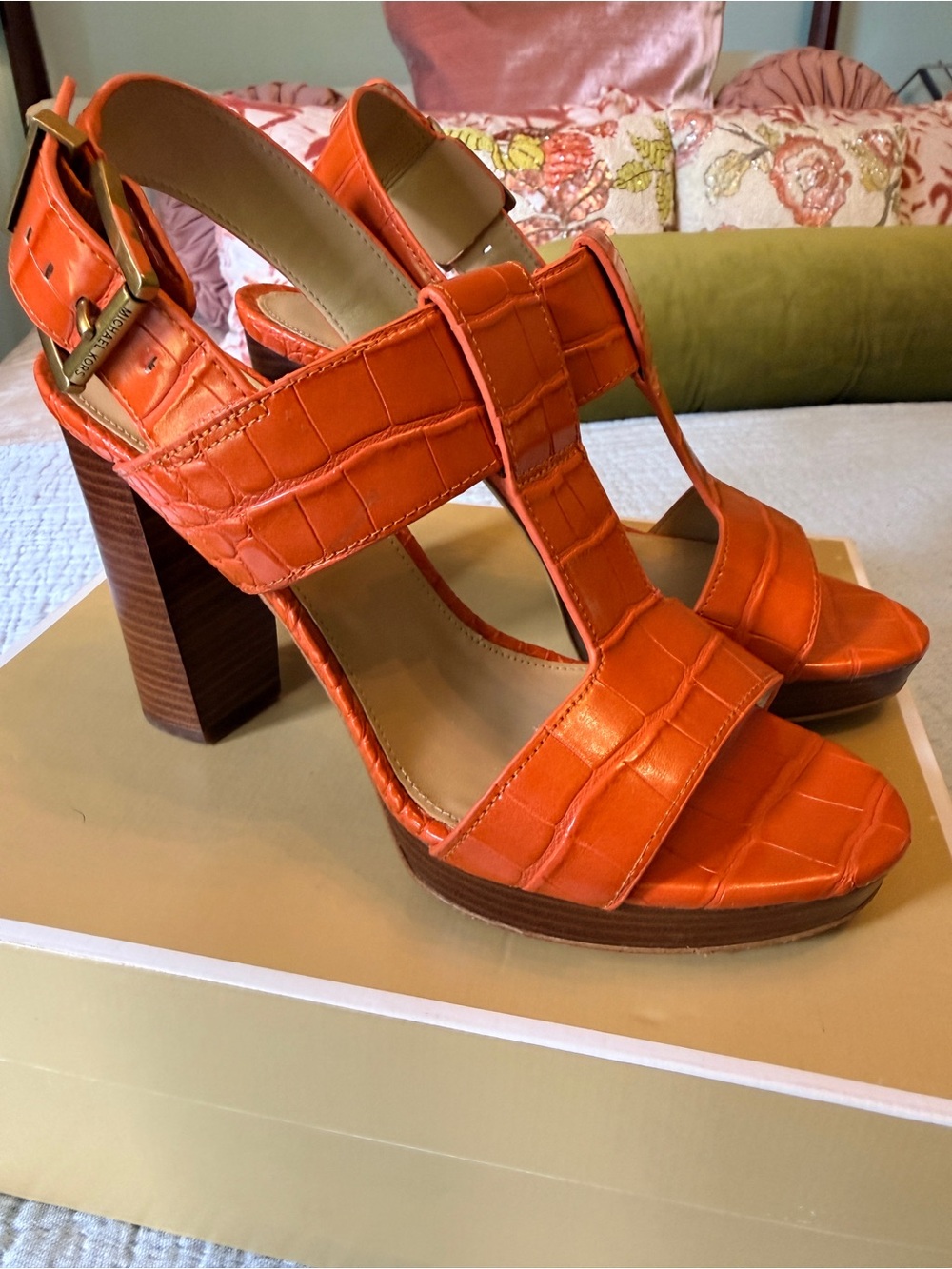 Michael Kors Orange Croc-Embossed Block Heel Sandals with Buckle